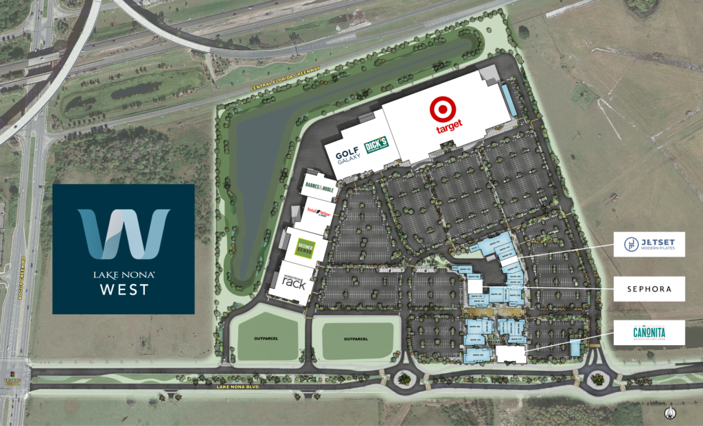Site plan of Lake Nona west including Target, Homesense, Barnes & Noble, Total Wine & More, Nordstrom Rack, Sephora, JetSet Pilates and Cañonita.